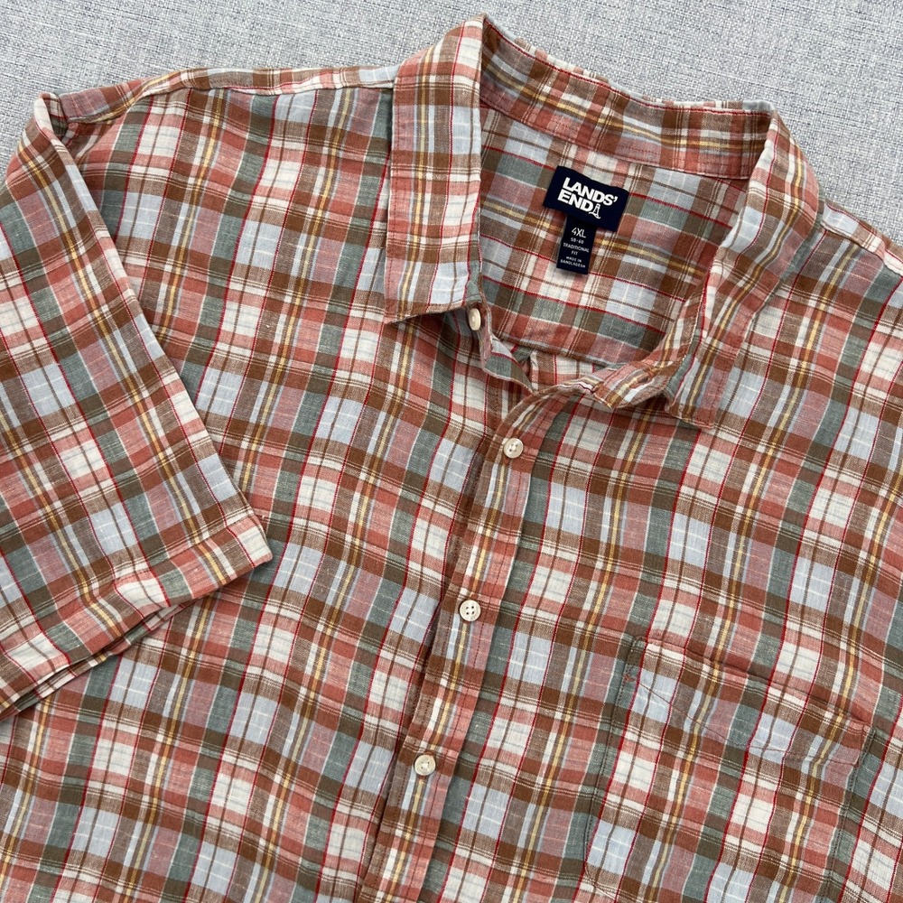 Lands End Linen Shirt Plaid Short Sleeve Men 4XL Multicolor Coastal Resort